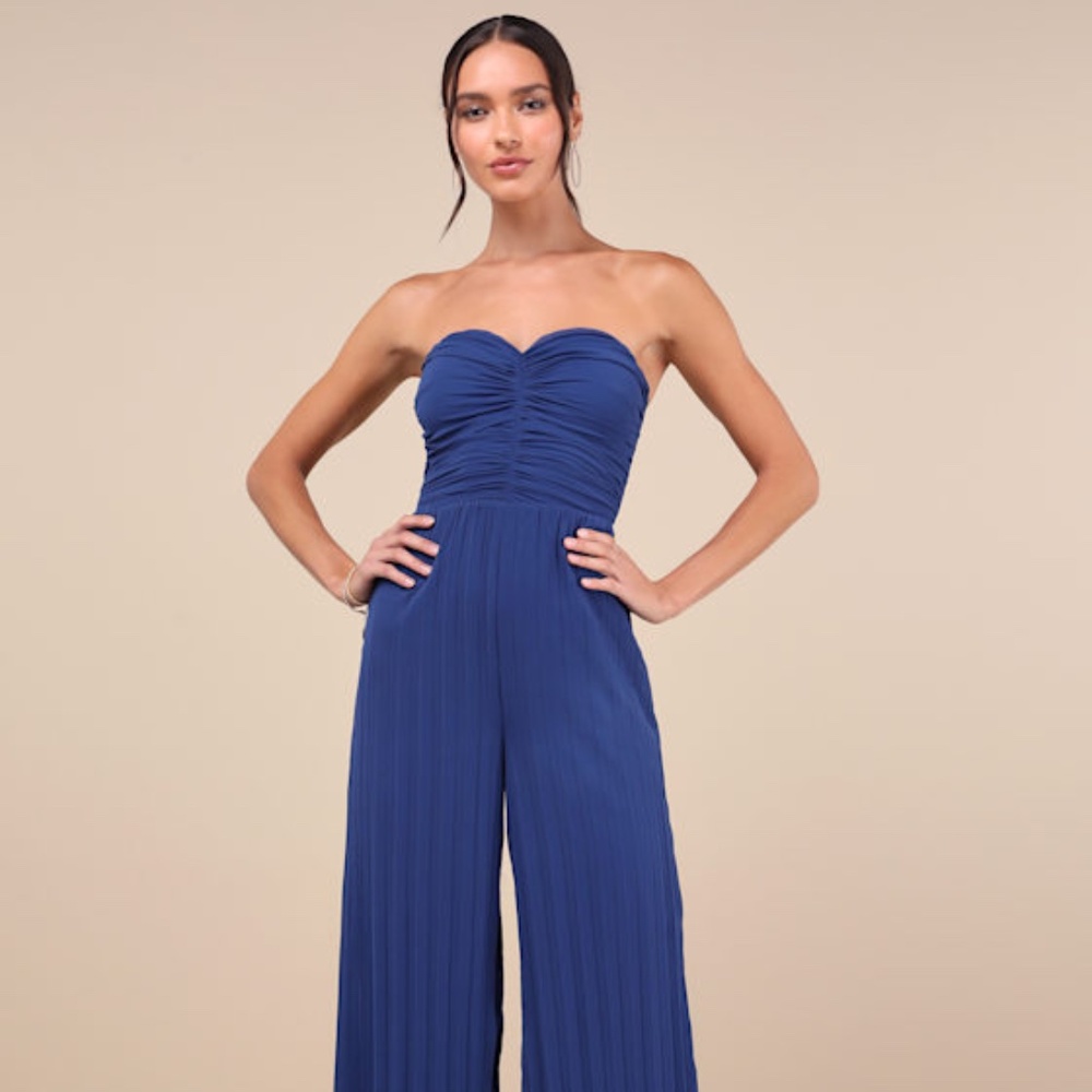 Lulus Certainly Charming Blue Pleated Strapless Wide-leg Jumpsuit - Size XS